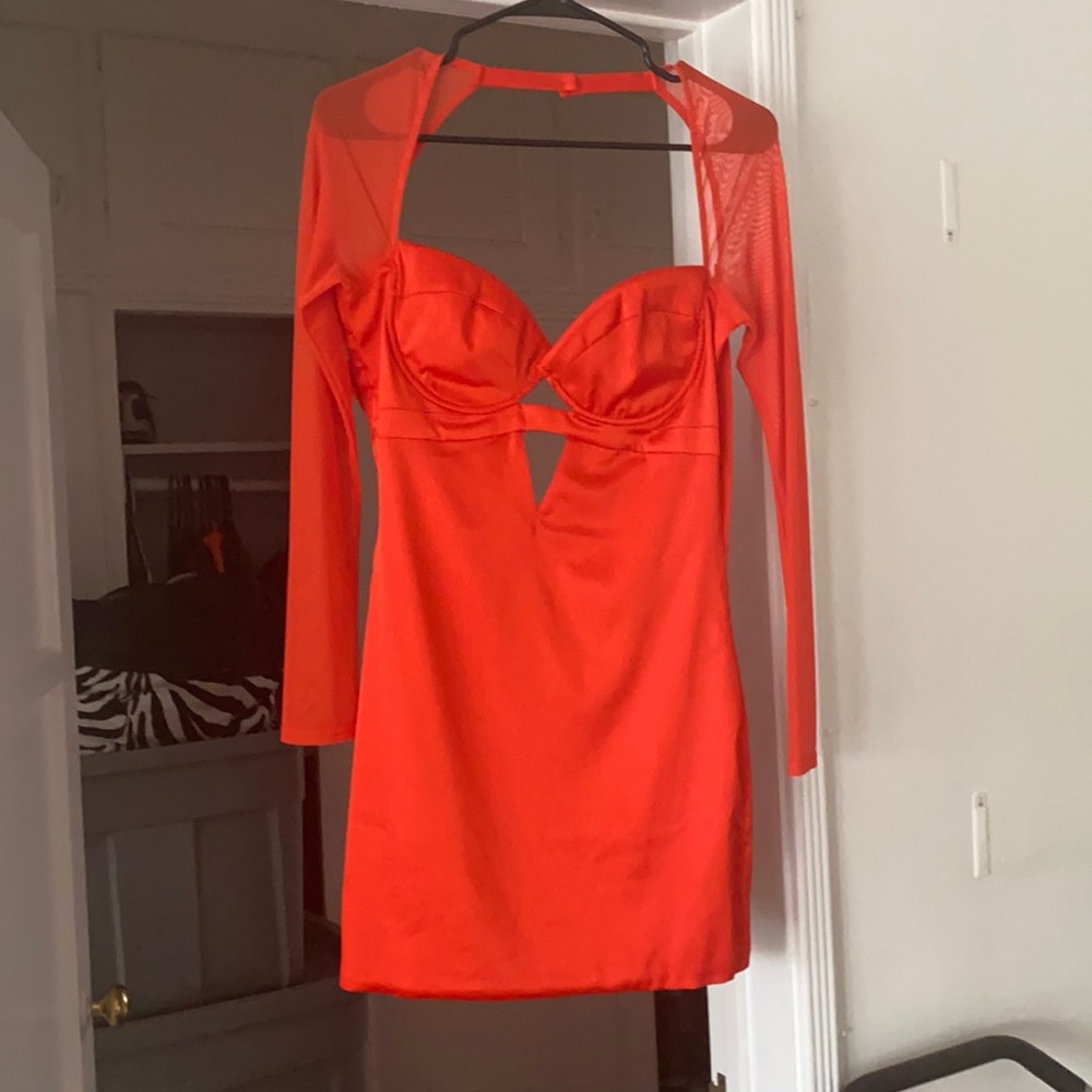 OhPolly Orange Satin Deep Plunge dress